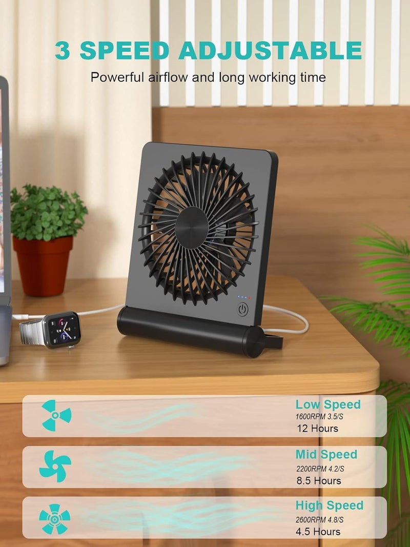 Tevelecin Small Desk Fan,Rechargeable USB Fan Battery Operated,Ultra Quiet, Strong Wind, 3 Speeds Travel Fans - Image 3